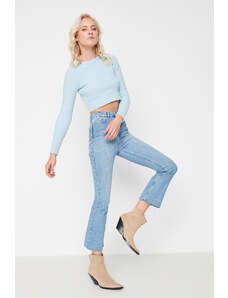 Trendyol Modré džíny s vysokým pasem cut-off crop flare