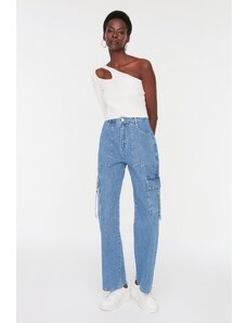 Trendyol modré džíny s vysokým pasem a širokými nohavicemi s cargo kapsou