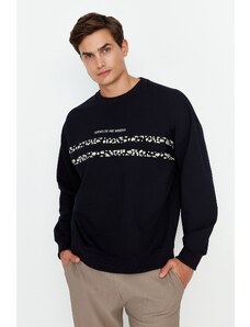 Trendyol Men's Navy Oversize/Wide Fit Crew Neck Text Printed Sweatshirt