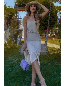 Trend Alaçatı Stili Dámské béžové lněné šaty s tlustým ramínky s přezkou a dvojitými rozparky