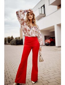 FASARDI Elegantní červené dámské kalhoty s rozšířenými nohavicemi