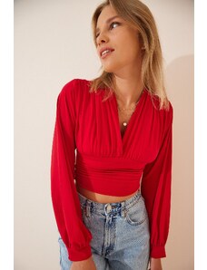 Happiness İstanbul Women's Red Deep V Neck Crop Sandy Knitted