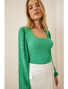 Happiness İstanbul Women's Green Square Neck Textured Knitted Blouse