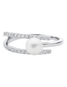 Minimalistický stříbrný prsten s bílou sladkovodní Gaura perlou zdoben zirkonem Planet Shop
