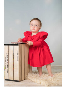 Dívčí červené manšestrové šaty s volánem A121