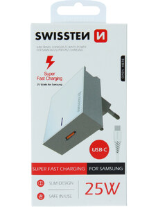 SWISSTEN SÍŤOVÝ ADAPTÉR PRO SAMSUNG SUPER FAST CHARGING 25W + DATOVÝ KABEL USB-C/USB-C 1,2 M BÍLÝ