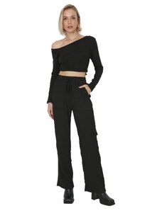 Trendyol černá kapsa detailní široké nohavice / ležérní střih s vysokým pasem ostré pletené kalhoty