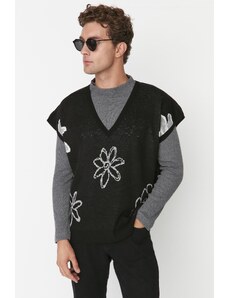 Trendyol Black Unisex Oversize Fit Wide Fit Floral Patterned Knitwear Sweater