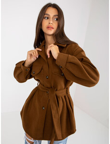 Fashionhunters Hnědý dámský kabát s kapsami a zavazováním