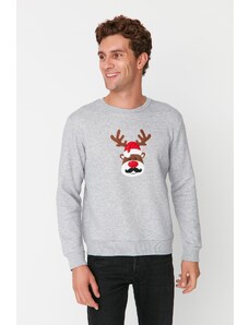 Trendyol Men's Gray Melange Regular Fit Christmas Printed Thick Fleece Sweatshirt