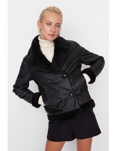 Trendyol Black Collar Plush Detailed Faux Leather Jacket Coat