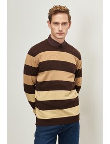 AC&Co / Altınyıldız Classics Men's Brown-dark Beige Anti-pilling Anti-Pilling Standard Fit Crew Neck Striped Knitwear Sweater