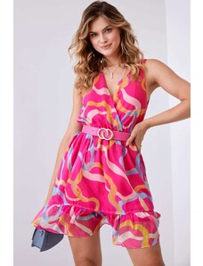 FASARDI Lehké vzorované šaty s páskem v růžové a modré barvě