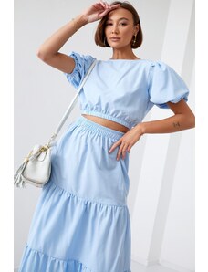 FASARDI Dámská letní setová halenka se sukní světle modré barvy