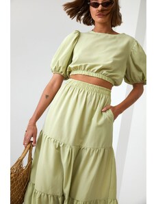 FASARDI Dámská letní setová halenka se sukní ve světlé khaki barvě