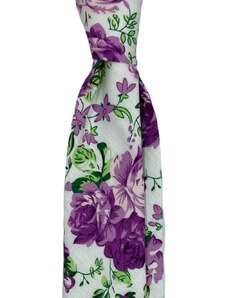 Kolem Krku Bílá bavlněná kravata s fialovými květy