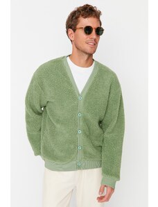 Trendyol Green Relaxed Fit/Comfortable Cut V-Neck Buttoned Plush Thick Cardigan