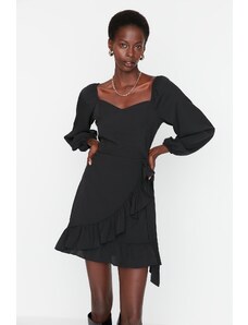 Trendyol Black Flounce Super Mini tkané šaty