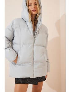 Happiness İstanbul Women's Gray Hooded Oversized Puffer Coat