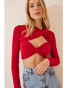 Happiness İstanbul Women's Red Cut Out Detailed Crop Sandy Knitted Blouse