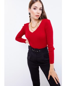 Lafaba Women's Red V-Neck Knitwear Sweater
