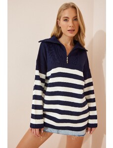 Happiness İstanbul Women's White Navy Blue Zippered High Collar Striped Oversize Knitwear Sweater