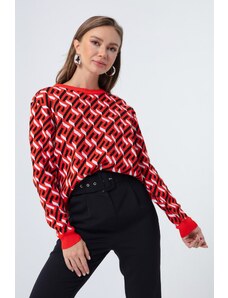 Lafaba Women's Red Crew Neck Patterned Knitwear Sweater