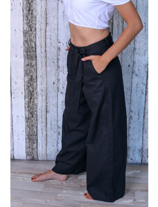 Meera Design Široké rovné kalhoty do pasu s mašlí / Černý popelín
