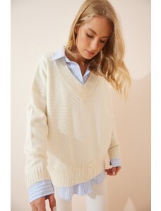 Happiness İstanbul Women's Bone V-Neck Oversize Knitwear Sweater