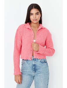 Trendyol Pink Crop Měkký texturovaný pletený svetr s vysokým výstřihem