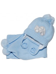 BABY NELLYS Zimní čepička s šálou - Autíčko sv. modré