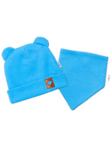 Baby Nellys Žebrovaná dvouvrstvá čepice s oušky + šátek TEDDY - modrá
