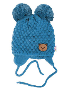 BABY NELLYS Zimní pletená čepice Teddy Bear na zavazování, modrá