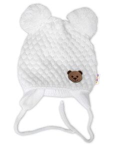 BABY NELLYS Zimní pletená čepice Teddy Bear na zavazování, bílá