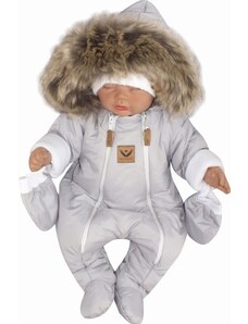 Z&Z Zimní kombinéza s dvojitým zipem, kapucí a kožešinou + rukavičky, Angel - šedý