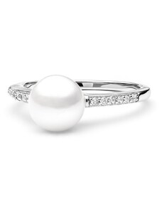 Stříbrný prsten s bílou sladkovodní Gaura perlou zdobený zirkony Planet Shop
