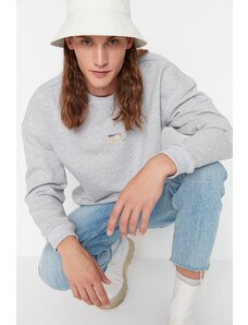 Trendyol Gray Men's Oversize/Wide Cut Crew Neck Animal Embroidery Sweatshirt