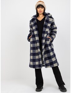 BASIC MODRO-ŠEDÝ KOSTKOVANÝ TEPLÝ TEDDY COAT -DARK BLUE Kostkovaný vzor