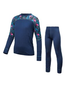SENSOR MERINO IMPRESS SET dětský triko dl.rukáv + spodky deep blue/floral
