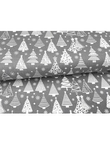 Mirtex Plátno DOMESTINO 120/ 22041-2 Vánoční stromky bílé na šedé - 160cm zbytková metráž