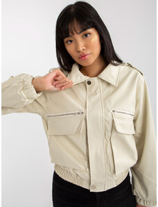 Fashionhunters Světle béžová krátká bunda z ekokůže s límečkem