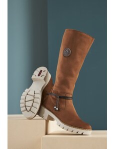 Kožené dámské vyšší boty s rovnou podrážkou na příjemné chození -  WX5828-camel!SET - GLAMI.cz
