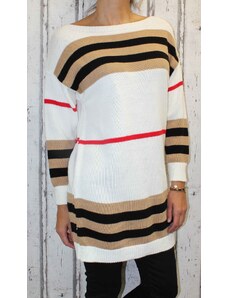 Italy Moda Dámský dlouhý svetr - pruhy - bílo-hnědý