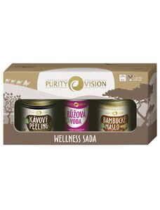 Purity Vision Wellness kávový tělový peeling 110 g + růžová voda s regeneračním účinkem 50 ml + BIO 100% bambucké máslo 120 ml dárková sada