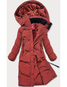 LHD Dlouhá dámská zimní bunda v cihlové barvě s kožešinovou podšívkou (2M-011)