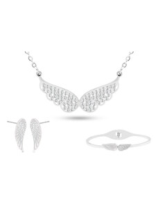 Biju Set z chirurgické oceli andělská křídla, řetízek + náušnice + náramek se zirkony a perletí 217