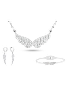 Biju Set z chirurgické oceli andělská křídla, řetízek + visací náušnice + náramek se zirkony a perletí 218