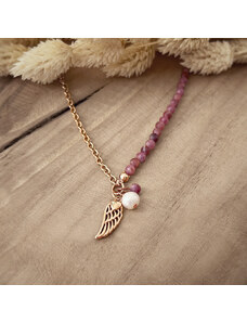 Estemia Turmalínový náhrdelník s řetízkem, perlou a andělským křídlem z rose gold chirurgické oceli