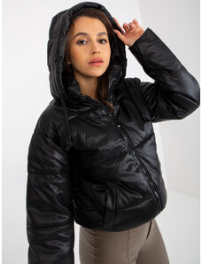 Fashionhunters Černá péřová bunda z ekokůže s kapucí
