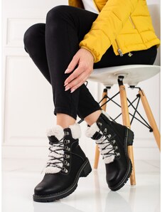 PK Pohodlné černé dámské kotníčkové boty na plochém podpatku